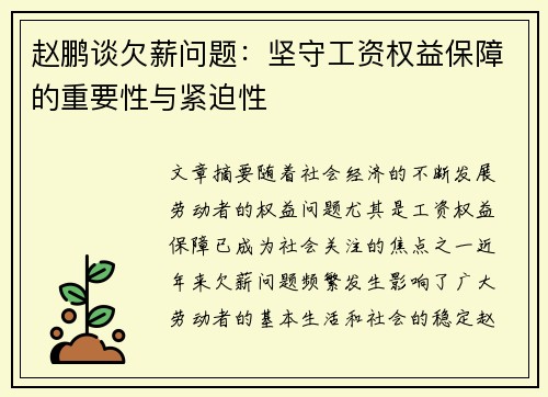 赵鹏谈欠薪问题：坚守工资权益保障的重要性与紧迫性