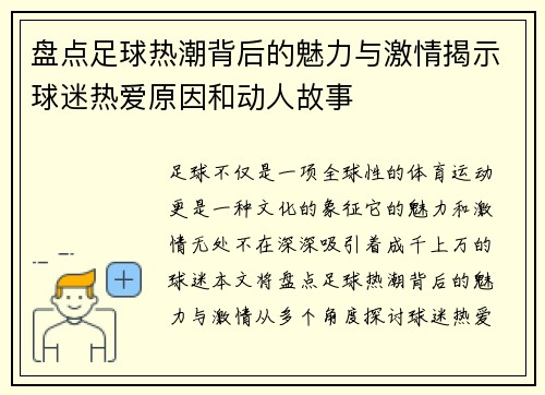 盘点足球热潮背后的魅力与激情揭示球迷热爱原因和动人故事