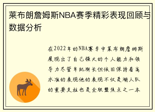 莱布朗詹姆斯NBA赛季精彩表现回顾与数据分析